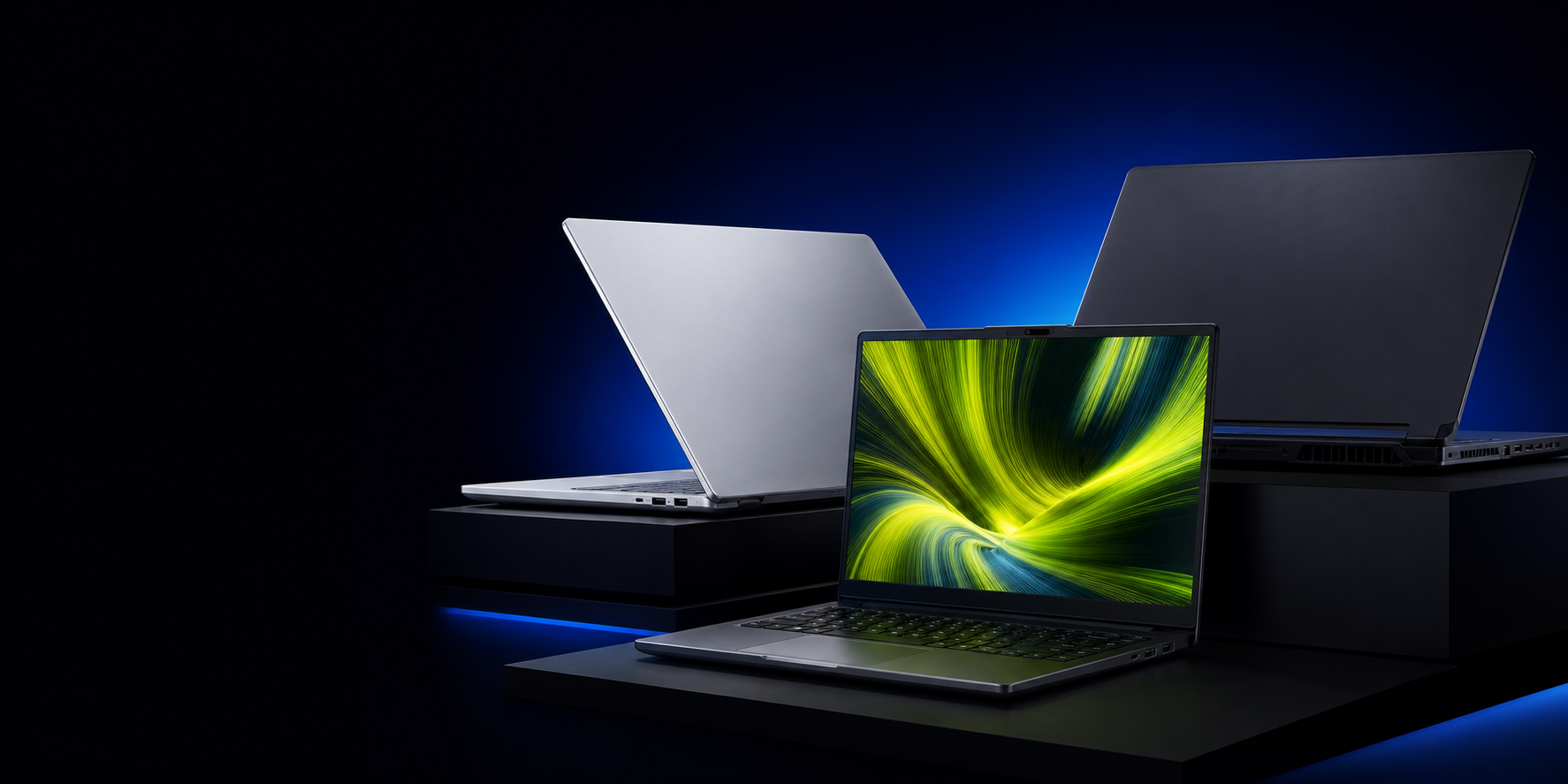 A selection of modern laptops displayed in a dramatic studio